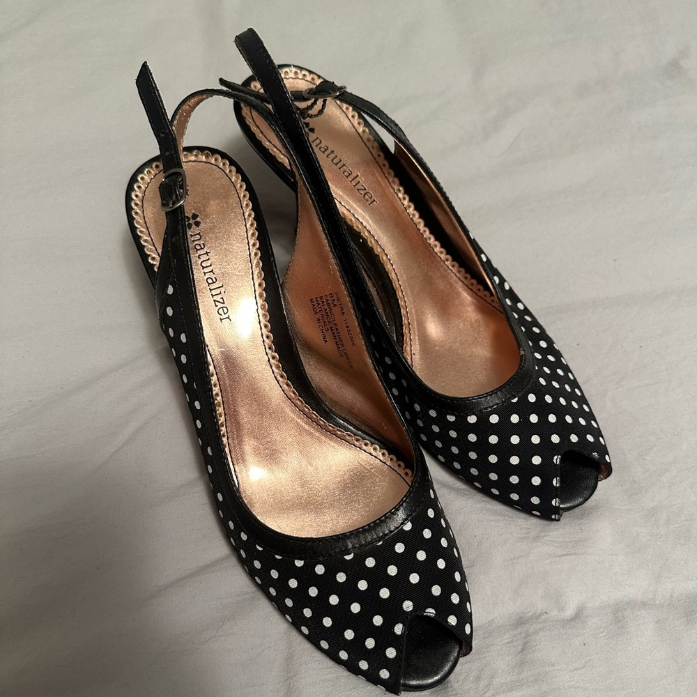 Naturalizer Black and White Polka Dot Peep Toe Slingbacks